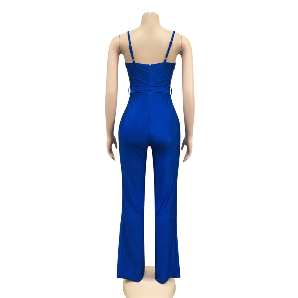 Rachel High Waisted Wide Leg Pants One Piece Sleeveless Jumpsuit with Belt