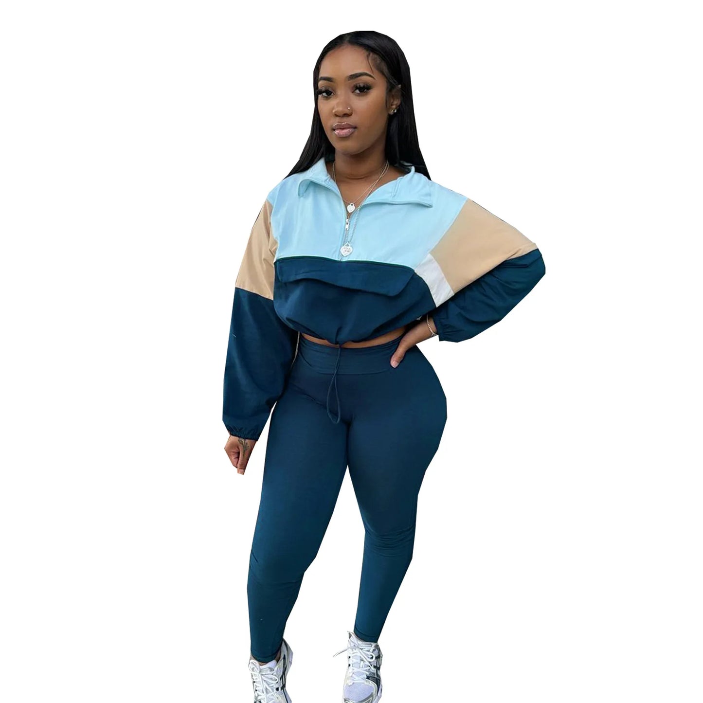 Kreshia Color Block 2 Piece Sets Outfit Women Long Sleeve Zip Sweatshirts and Leggings Suits Jogger Streetwear Autumn New