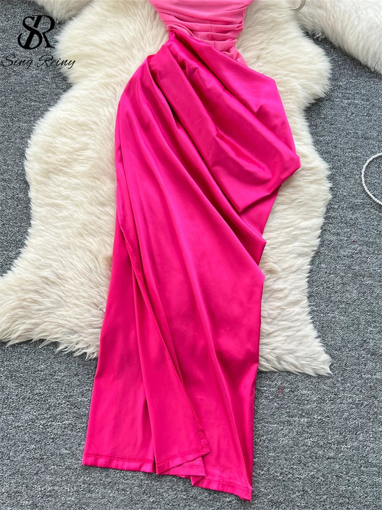 Chic Satin Slash Neck Mesh Splice Pleated Slim Dresses