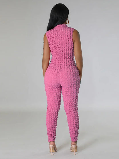 Sleeveless Popcorn Bubble Fabric Front Zipper Jumpsuits