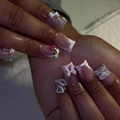 24PCS Short Square Fake Nails Sweet Pink Lips with 3D Bowknot Diamonds French Press on Nails Full Cover Detachable Nail Tips Art