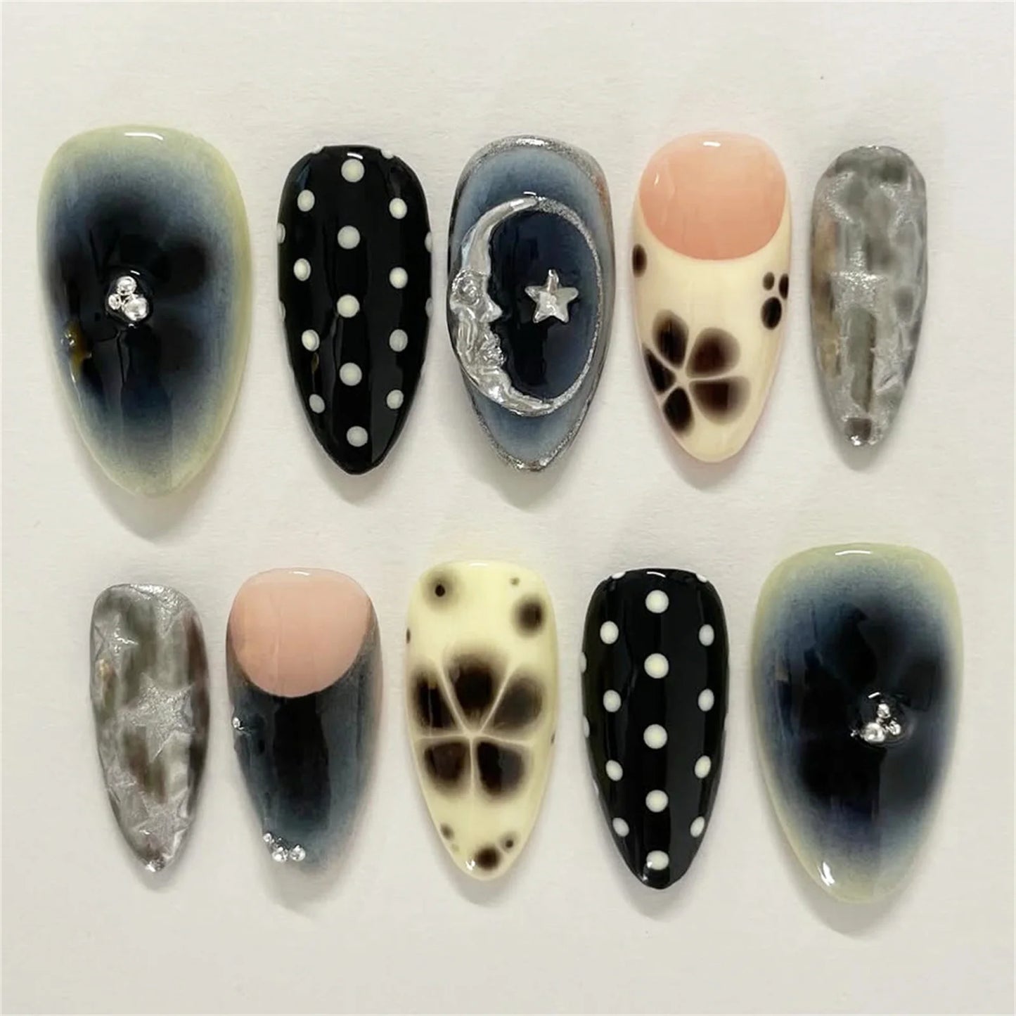 24pcs Flower Print Press on Nails Wine Red Blush Almond False Nail Tips Wearable Reusable Summer Spicy Girl Fake Nails