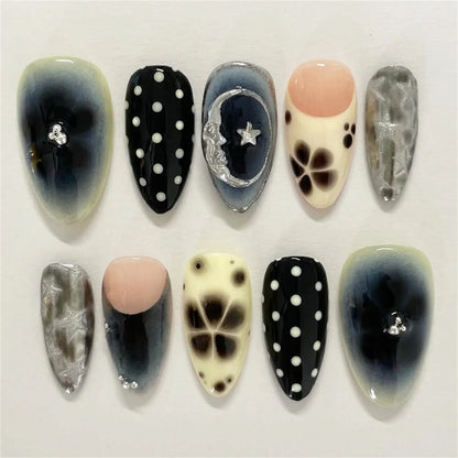 24pcs Flower Print Press on Nails Wine Red Blush Almond False Nail Tips Wearable Reusable Summer Spicy Girl Fake Nails