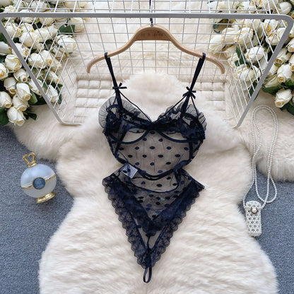 Satin Comfortable Strap Lace Spliced Sheer Lingerie