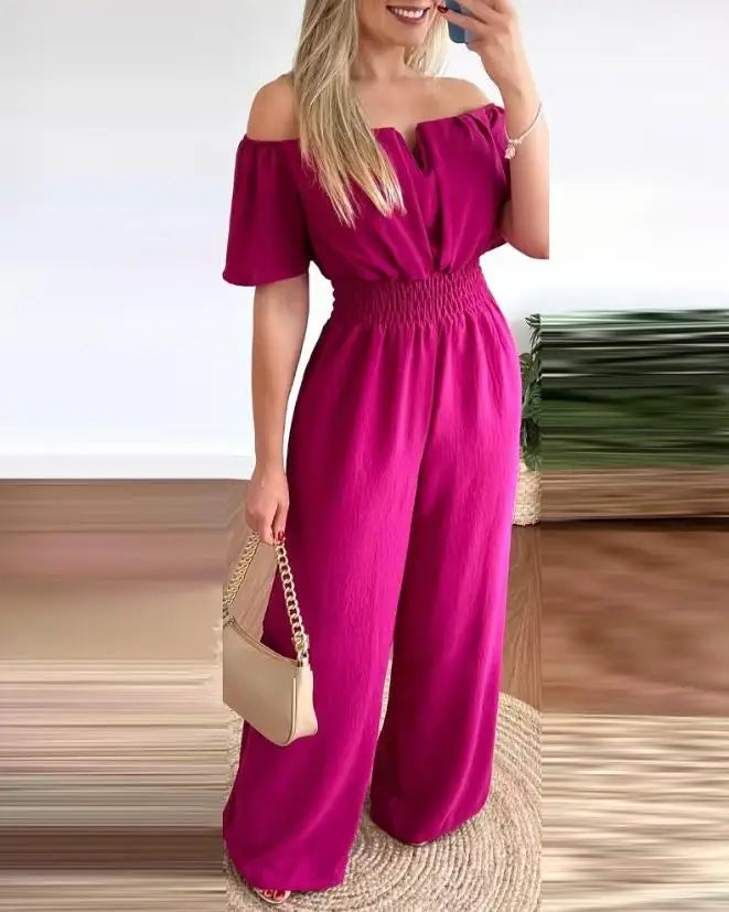 Fashion Off Shoulder Casual Plain Short Sleeve Shirred Waist Daily Long Wide Leg Jumpsuit