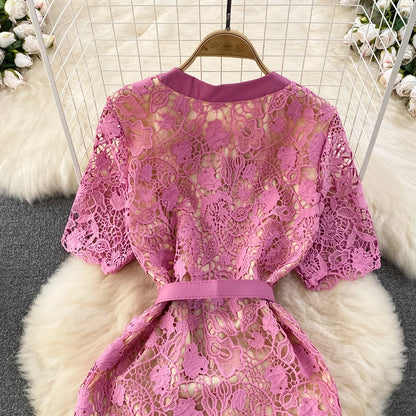 Floral Lace Dress V Neck High Waist Maxi Dresses