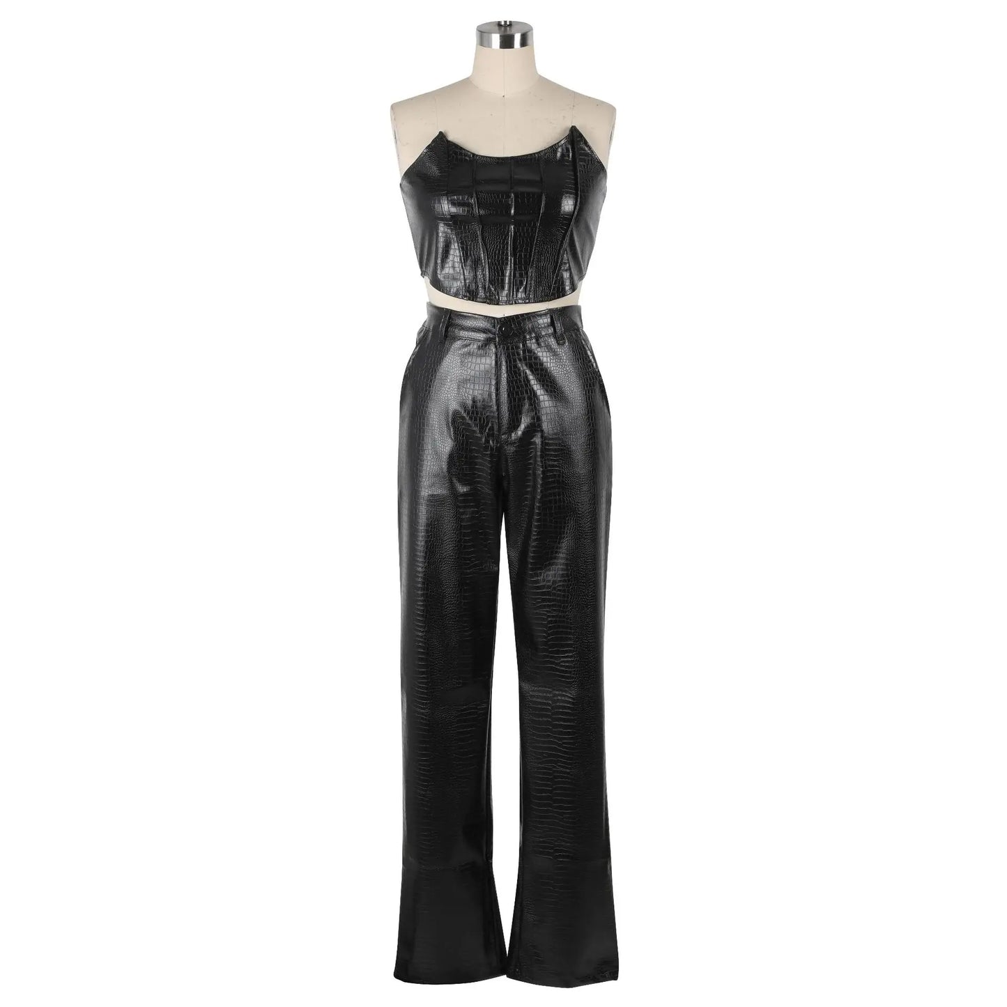 Gracia's Corset Cut-Out Cargo Sexy Sleeveless Jumpsuits PU Leather Matching Set  (2 Piece Outfits)