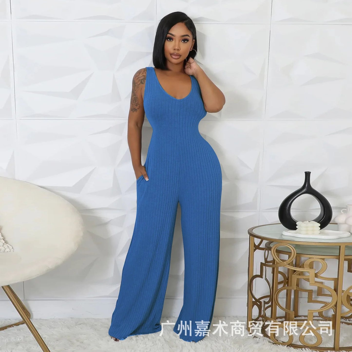 Trendy Solid Color Elastic Wide Leg Jumpsuits (2pcs.)