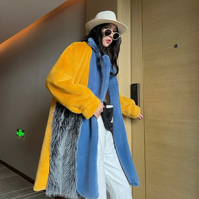 Winter Faux Fur Jackets for Women Furry Warm Splicing Contrast Color Blue Faux Fur Coat Long Jacket Cardigan Women