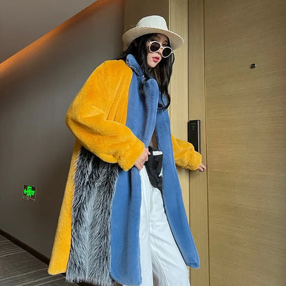 Winter Faux Fur Jackets for Women Furry Warm Splicing Contrast Color Blue Faux Fur Coat Long Jacket Cardigan Women