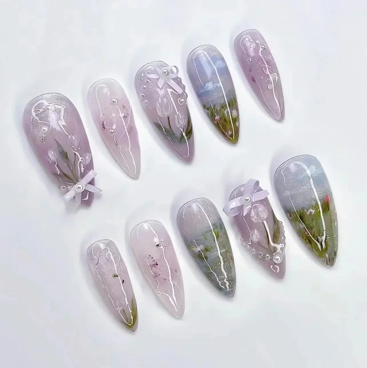 24Pcs Autumn Winter Matte Almond False Nails with Glue Rose Leaf Printing Nail Art Simple Full Cover Press on Acrylic Nails Tips