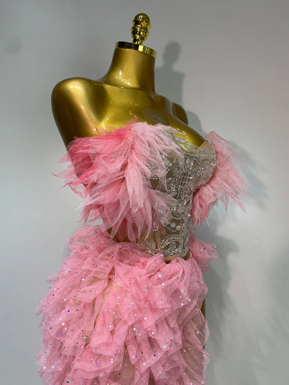 Strapless Ruffles Bodycon Maxi High Split Outfits