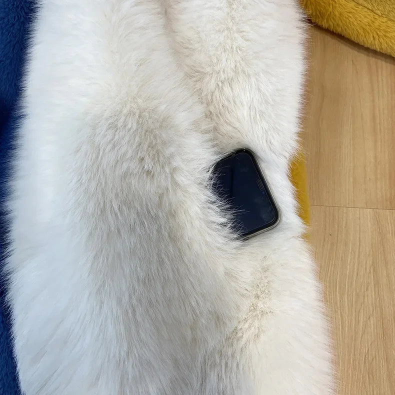 Winter Faux Fur Jackets for Women Furry Warm Splicing Contrast Color Blue Faux Fur Coat Long Jacket Cardigan Women