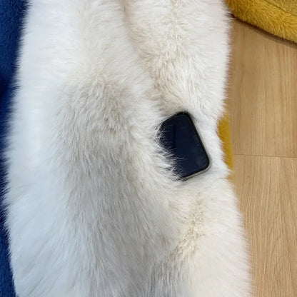 Winter Faux Fur Jackets for Women Furry Warm Splicing Contrast Color Blue Faux Fur Coat Long Jacket Cardigan Women