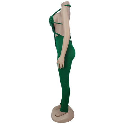 Halter Neck Ribbed Ruched Backless Leggings Jumpsuits (One Piece)