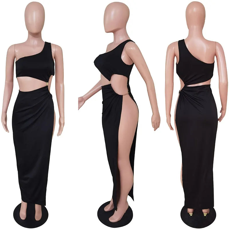 Hollow Out One Shoulder Skew Collar Maxi Dresses