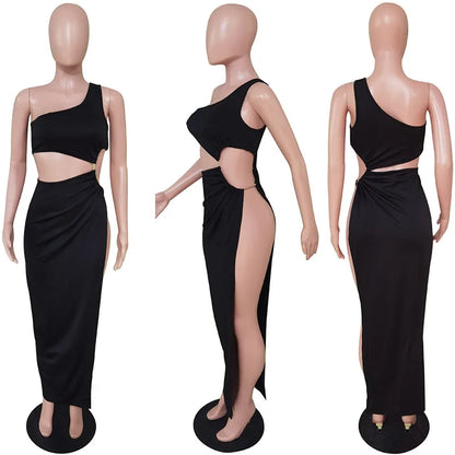 Hollow Out One Shoulder Skew Collar Maxi Dresses