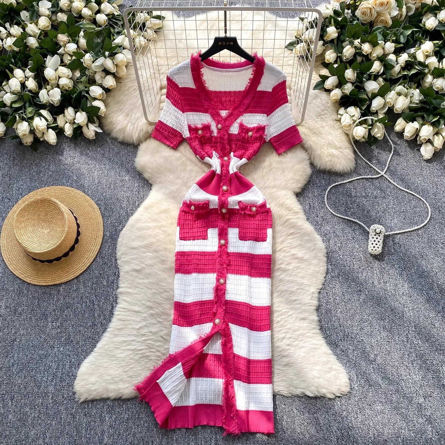 Chic Knitted Slim Waist Office Lady Sweater Maxi Dresses