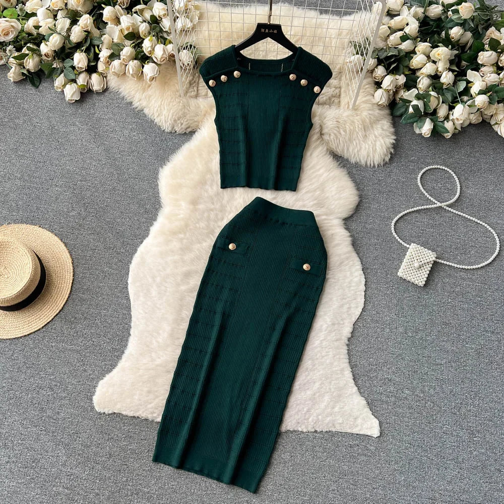 Knitted 2 Pcs. Buttons Crop Top Tanks + Slit Midi Skirt Set