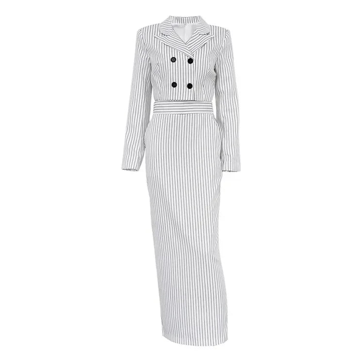 Striped Turn Down Collar Blazer + Split Skirt Sets