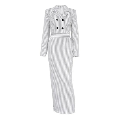 Striped Turn Down Collar Blazer + Split Skirt Sets