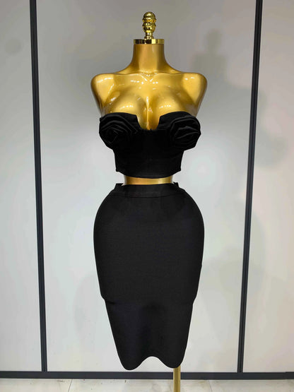 New Arrival 3D Flower Black Bodycon Bandage Designer High Waist Skirt Set
