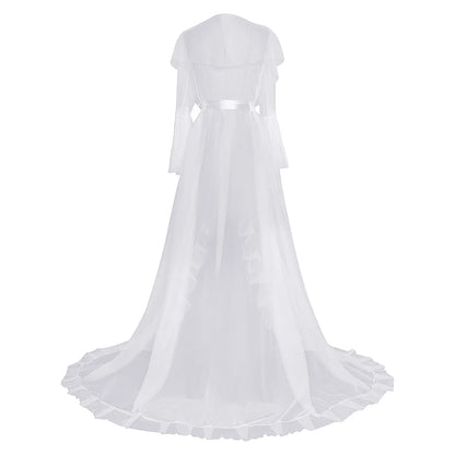 Ruffled Trim Long Tulle Robe Femme Nightwear Nightdress