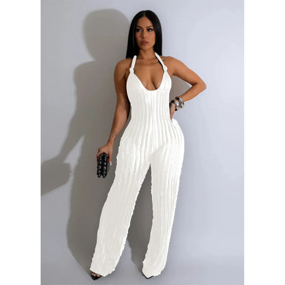 Ruffles Deep V-neck Halter Backless Wide Leg Jumpsuits