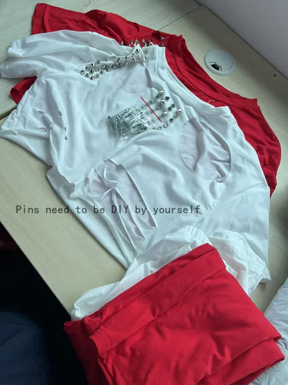 Pin Short Sleeve Crop Tops + Pant Sets
