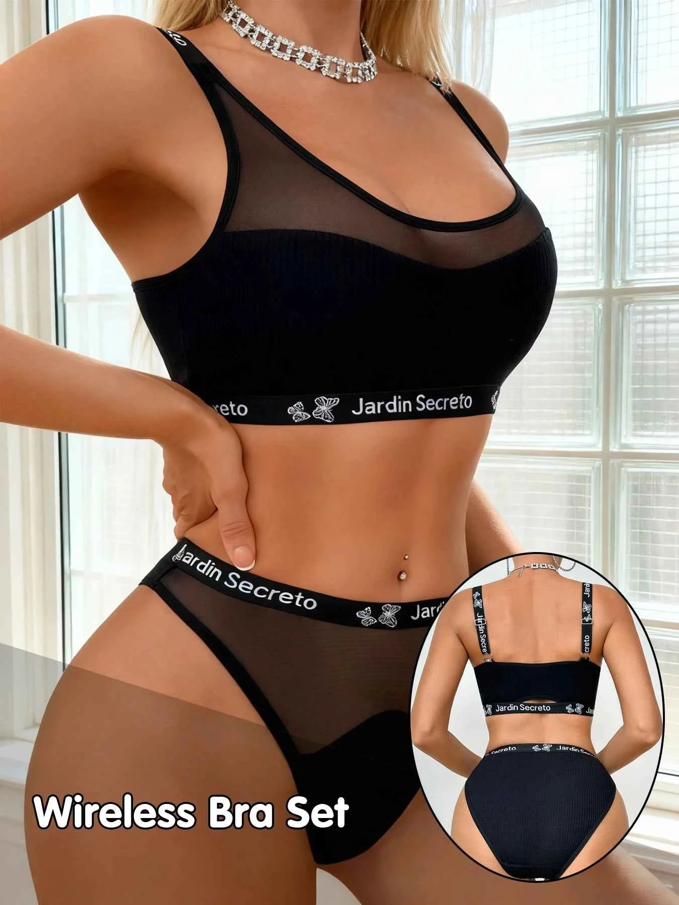 Black Letter Strap Bralette Set Padded No Underwire + Panty Lace Lingerie Set
