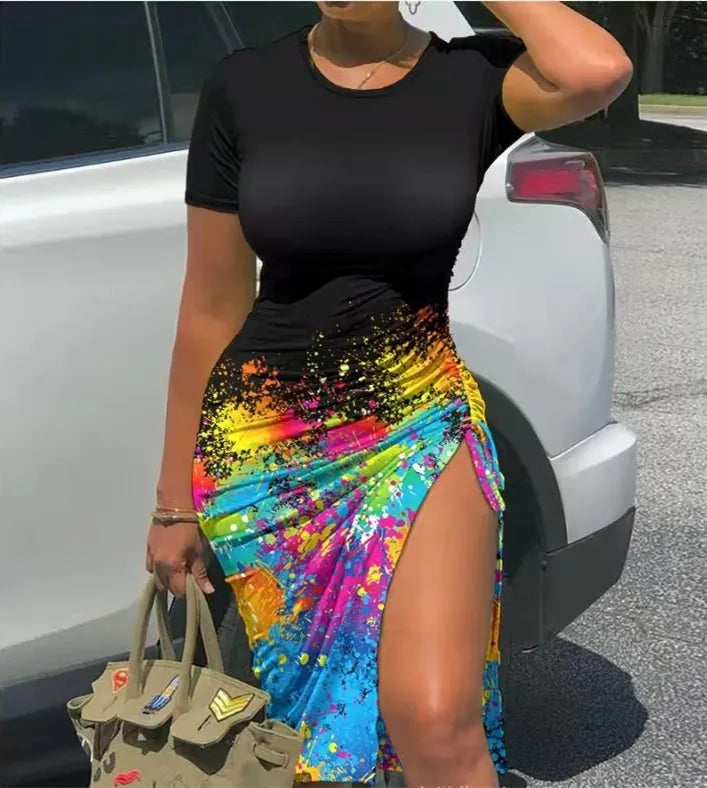Trendy Printed Slim Bodycon Short Sleeves Drawstring Slit Midi Dresses