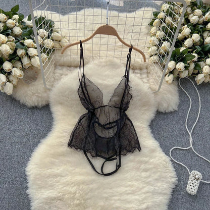 Satin Comfortable Strap Lace Spliced Sheer Lingerie