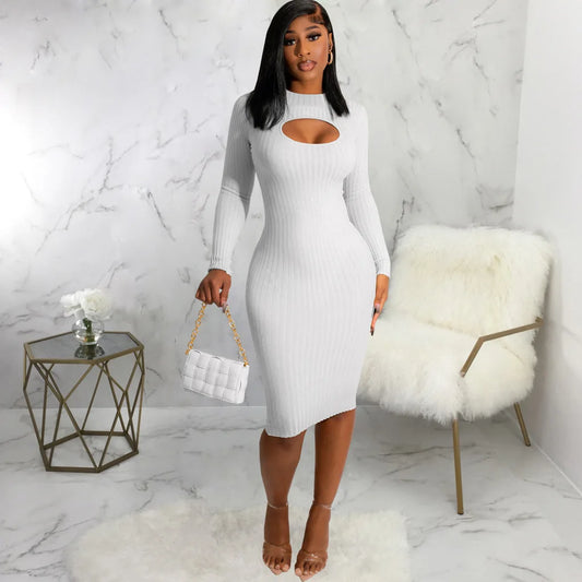 Solid color long-sleeved white collar dresses