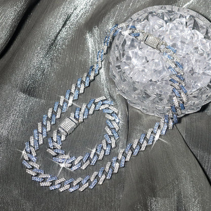 2PCS Hip Hop Cuban Blue White Chain Bracelet + Necklace Men/Women Gifts Every Day Wear Exquisite Punk Style Jewelry