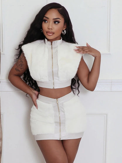 Crop Jacket + Elastic Zipper Waist Mini Skirt Sets