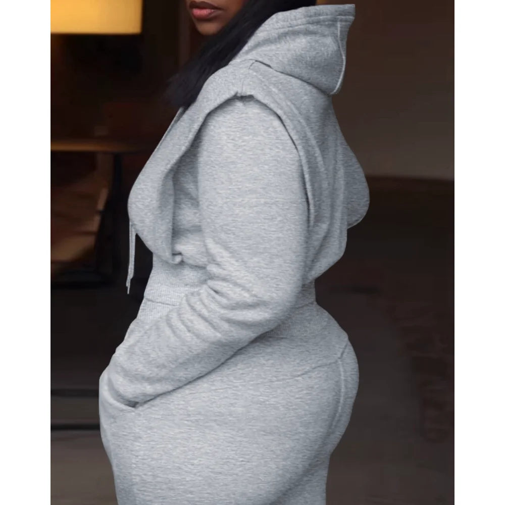 Elegant Tied Detail Hooded Long Sleeve Sweatshirt + Wide Leg Sweatpants Set for Autumn/Winter