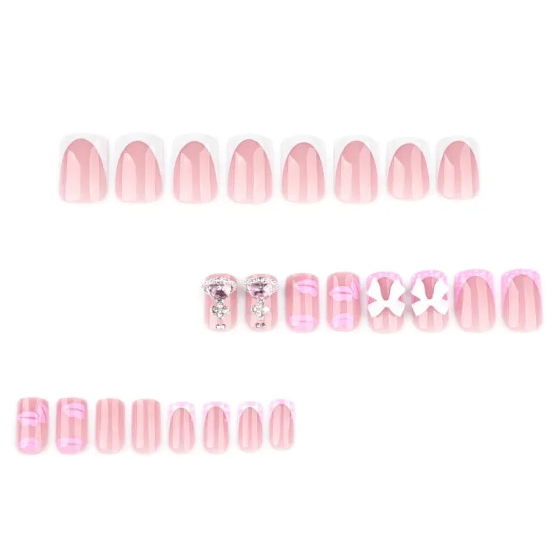24PCS Short Square Fake Nails Sweet Pink Lips with 3D Bowknot Diamonds French Press on Nails Full Cover Detachable Nail Tips Art