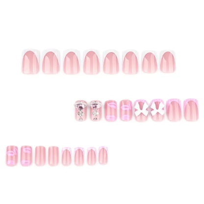24PCS Short Square Fake Nails Sweet Pink Lips with 3D Bowknot Diamonds French Press on Nails Full Cover Detachable Nail Tips Art