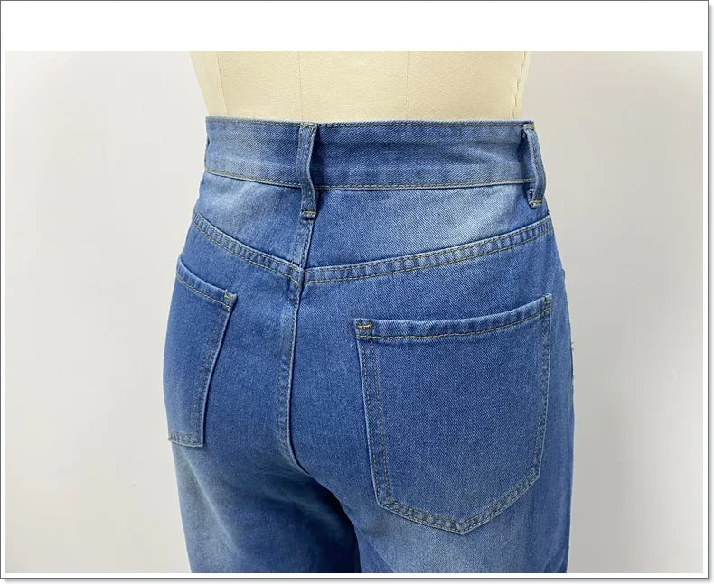 Joan's Wide Leg Pants Denim High Waist Zipper Fly Washing Holes Pockets High Street Jeans