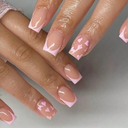24Pcs Nude Color Fake Nails Short Square Head Press on Nails White Heart Printed Valentine's Day Full Cover False Nails Tips
