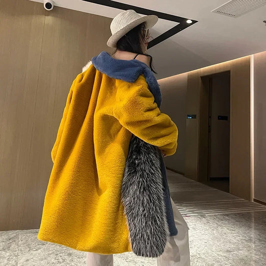 Winter Faux Fur Jackets for Women Furry Warm Splicing Contrast Color Blue Faux Fur Coat Long Jacket Cardigan Women