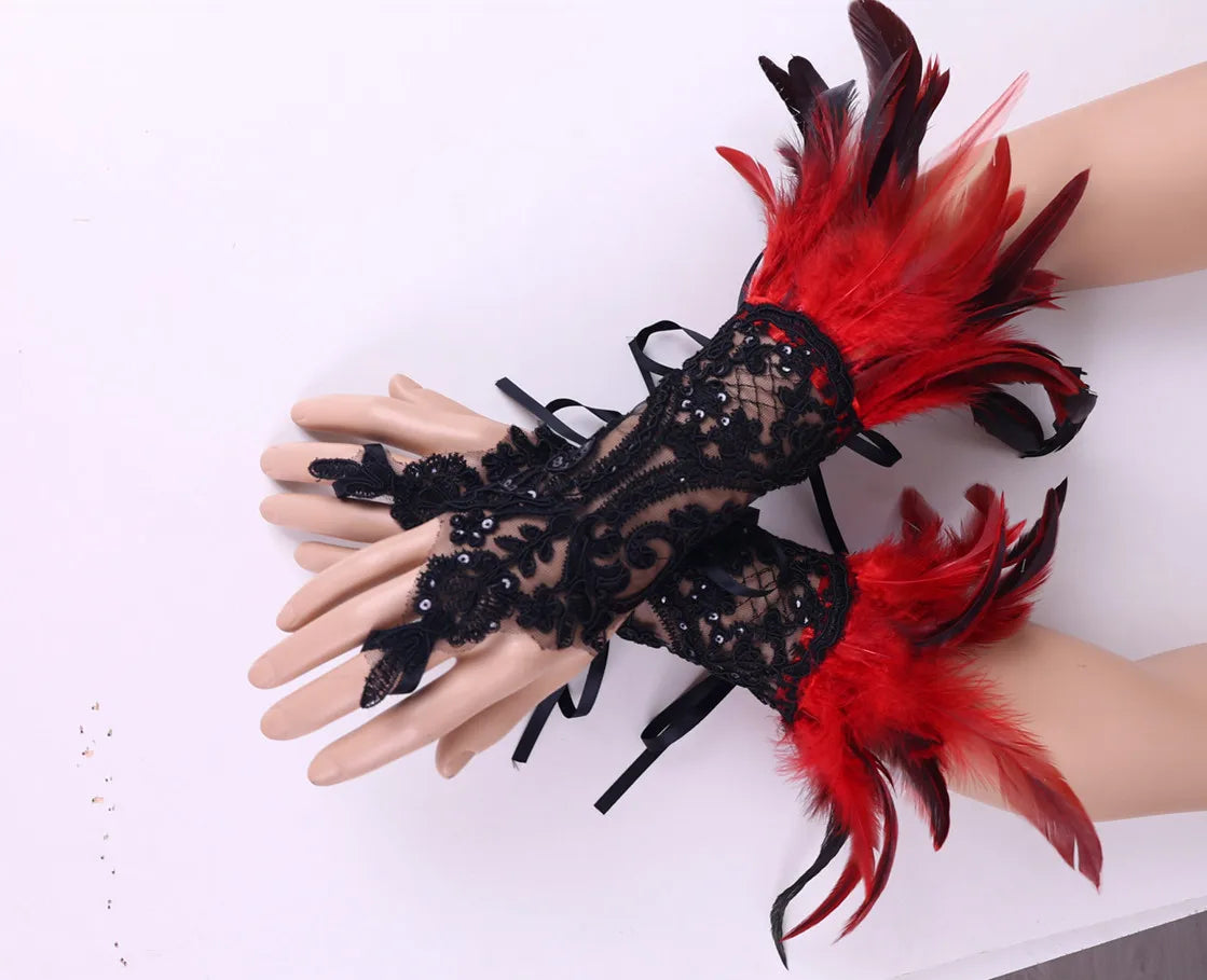 Daniella Feather Cosplay Lace Wrist Gloves (Furry Accessories)