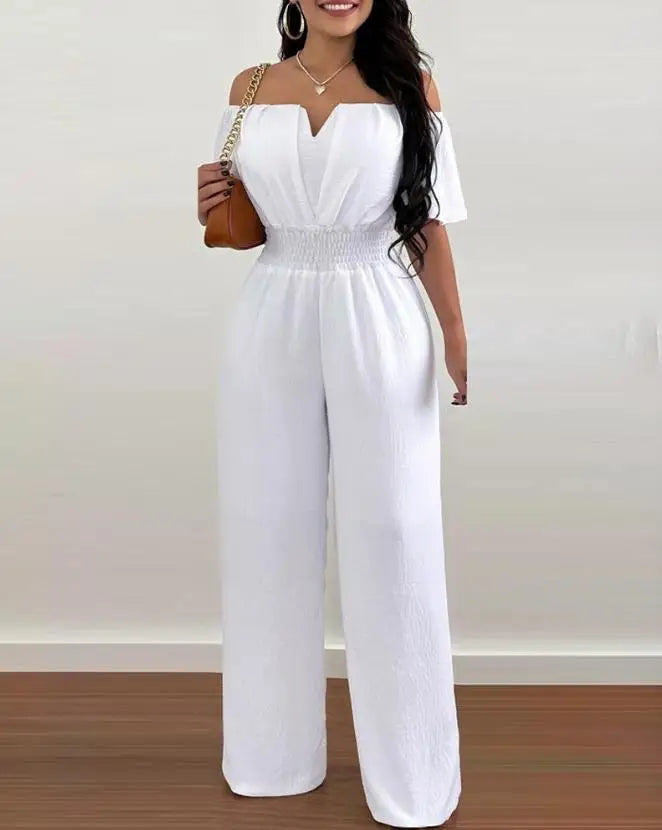 Fashion Off Shoulder Casual Plain Short Sleeve Shirred Waist Daily Long Wide Leg Jumpsuit