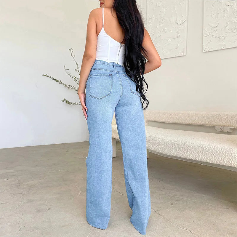 Joan's Wide Leg Pants Denim High Waist Zipper Fly Washing Holes Pockets High Street Jeans