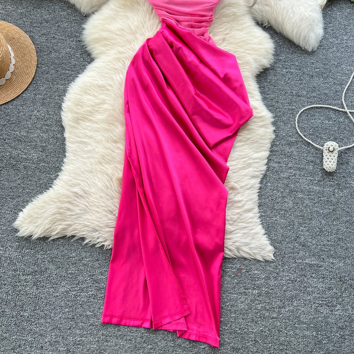 Chic Satin Slash Neck Mesh Splice Pleated Slim Dresses