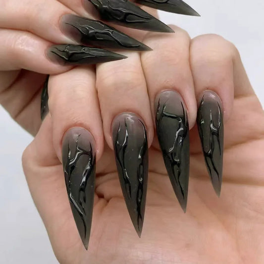 24pcs Halloween Dark Scrub Fake Nails Press on Nails Wearable y2k Nails Super Long Pointy Nails 3D Black Snake False Nails Tip