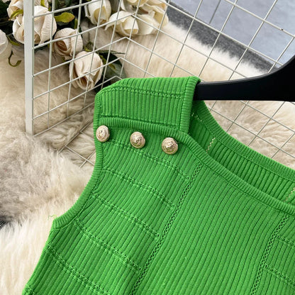 Knitted 2 Pcs. Buttons Crop Top Tanks + Slit Midi Skirt Set