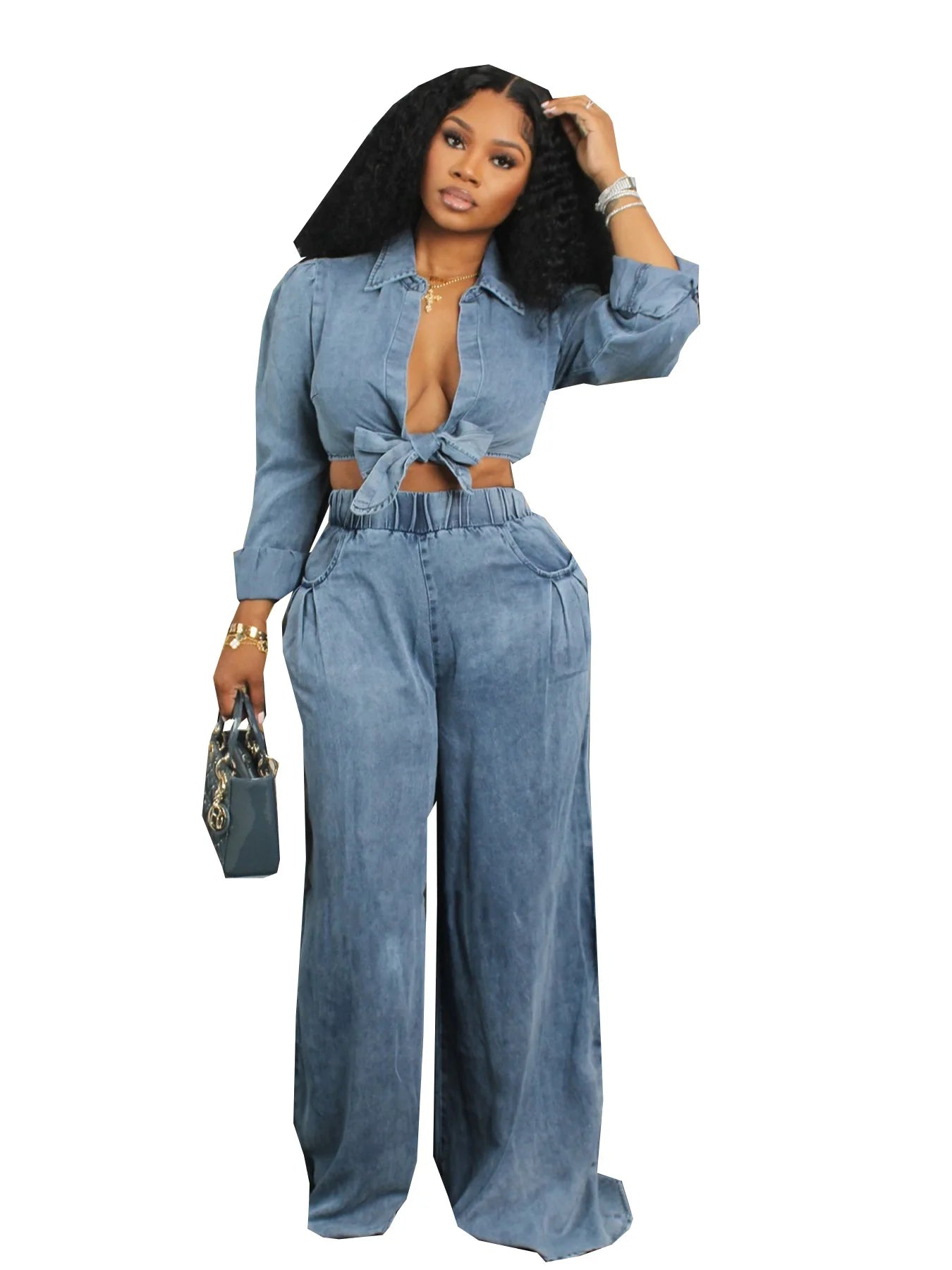 Susan Long Sleeve Collar Cardigan Waist Strap Top + Pocket Wide Leg Pants (Two Piece Set)