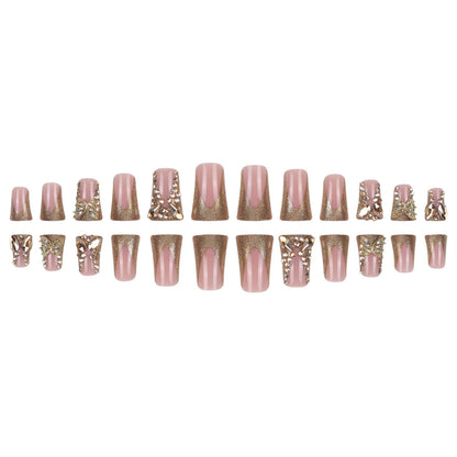 24pcs Duckbill Shaped Fake Nails Gold Butterfly Rhinestone Design False Nail Tips Wearable Full Cover French Press on Nails