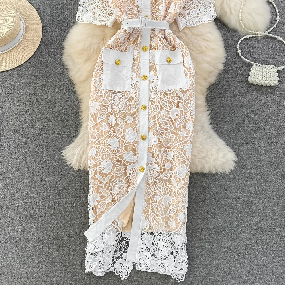 Floral Lace Dress V Neck High Waist Maxi Dresses